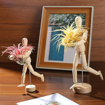 ANPHSIN 2 Sizes Wooden Air Plant Holder - Unique Jointed Mannequin Airplant Stand with Adjustable Poses, Tillandsia Display Container for Gifts Home Office Decoration, 2 pcs