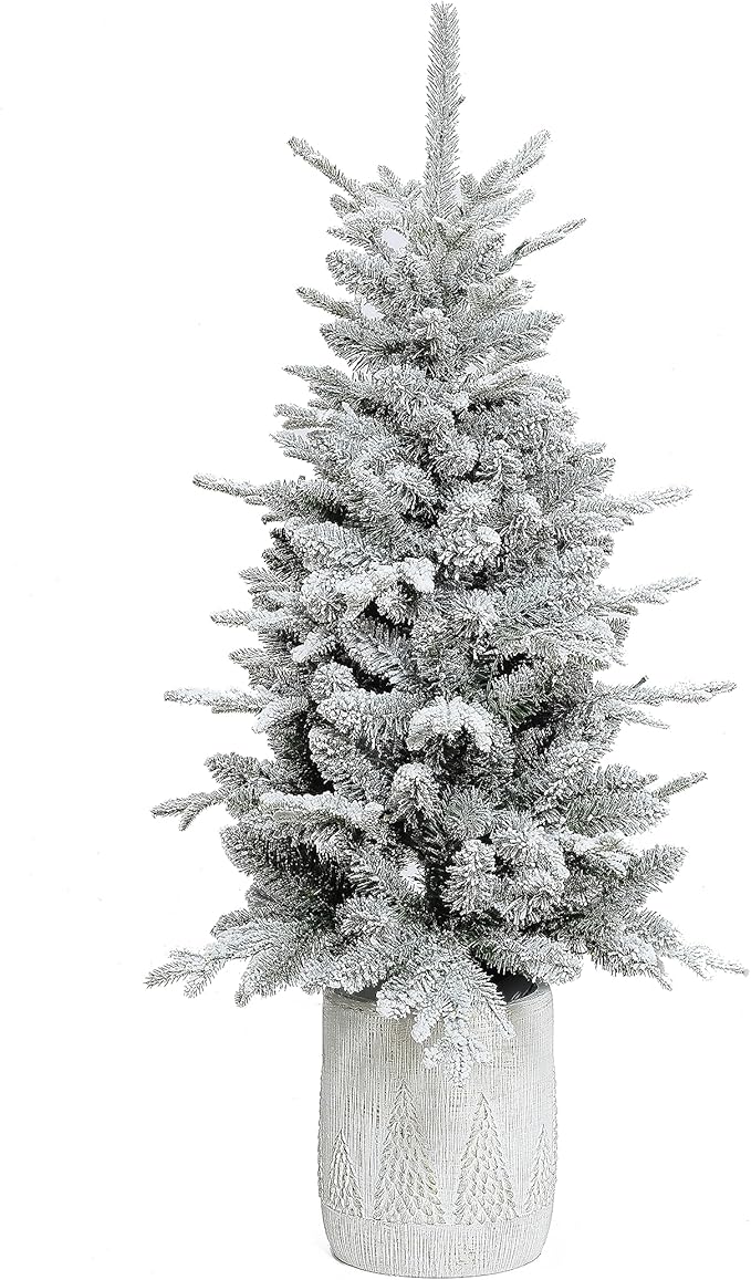 LuxenHome 4FT Small Potted Christmas Tree, Battery Operated Flocked Christmas Tree with 70 LED Lights, Prelit Artificial Xmas Trees with Pot, Lighted Pine Tree for Indoor, Outdoor Holiday Display