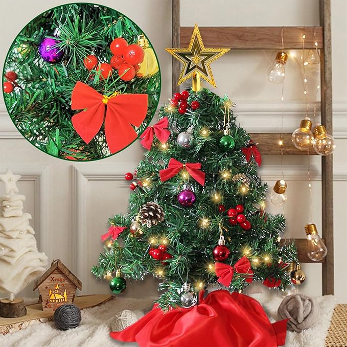 Juegoal 2 Pack Mini Christmas Tree Set 24 Inch / 2 FT, Table Top Artificial Christmas Trees with 50 LED Lights, Xmas Ornaments and Red Berries, Best DIY Christmas Decorations