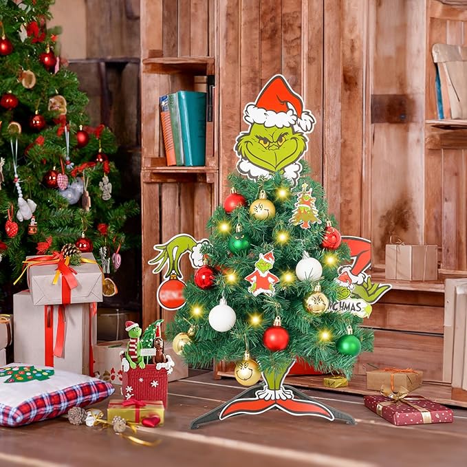 Mini Christmas Tree with Head Arms Legs Tabletop Small Christmas Tree with Lights Thief Body Decorative Ornaments for Home Party Decor