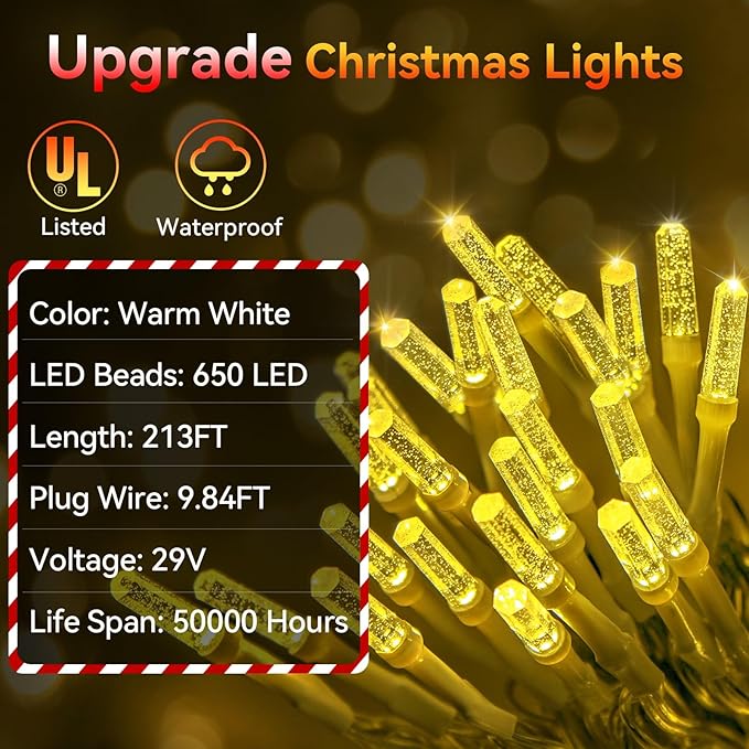 Hezbjiti Upgrade 223FT Christmas Fairy Lights - 650LED, 8 Modes, Timer, Dimmable, IP44 Waterproof, Plug-in for Xmas House Yard Fence Tree Decorations (Warm White)