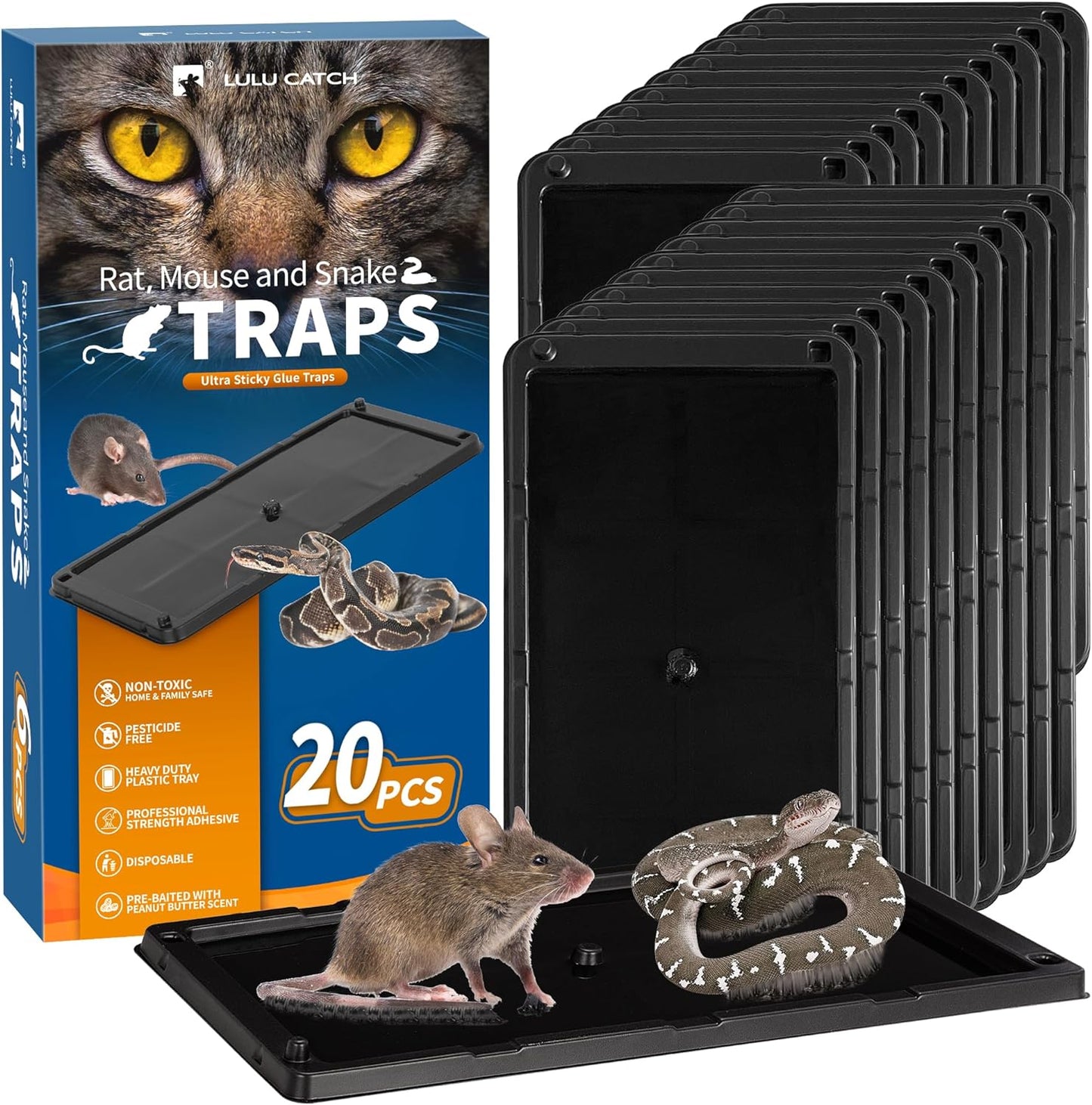 LULUCATCH Sticky Mouse Trap, 20 Pack Large Glue Traps, Pre-Baited Heavy Duty Non-Toxic Bulk Glue Boards Mouse Traps Indoor for Mice, Snakes, Rat, Insects, Cockroaches & Spiders, Pet Safe Easy to Use