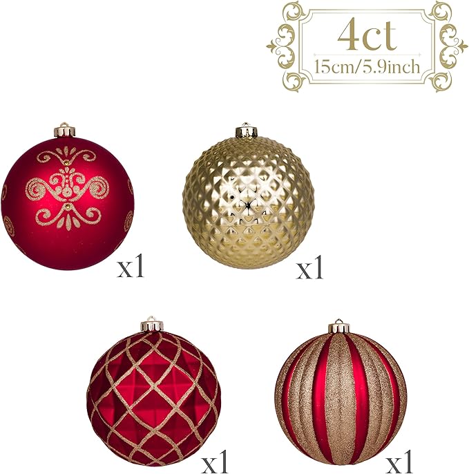 Valery Madelyn Large Christmas Trees Ornament, 4ct 5.9 Inches Red and Gold Shatterproof Christmas Tree Decorations, Luxury Hanging Ball Ornaments Bulk for Xmas Holiday Decor