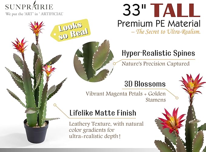 33 Inch Large Artificial Cactus with Magenta Flowers in Pot with Natural Gravel. Satin Finish Leaves with Real Look and Feel. Outdoor and Indoor Faux Plants.