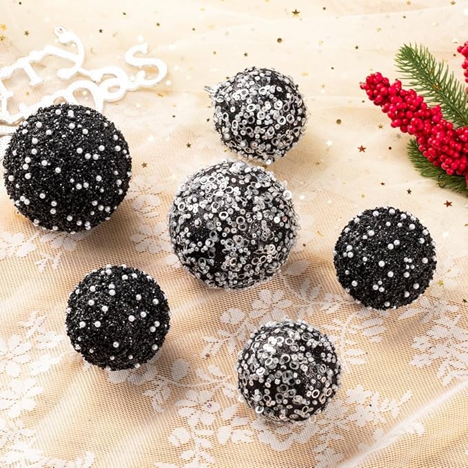 8CT Christmas Ball Ornaments, Black Christmas Ball Decorations Shatterproof Plastic Hanging Pearl Balls for Holiday Party(90mm/3.54")