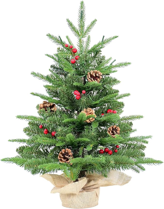 Kadunmina 2ft Pre-lit Table Top Christmas Tree, Small Artificial Xmas Tree with 50 LED Lights/177 PE&PVC Tips/Berries&Pinecones, 24 Inch Mini Tree with Burlap Base for Holiday Indoor Decor, 8 Modes