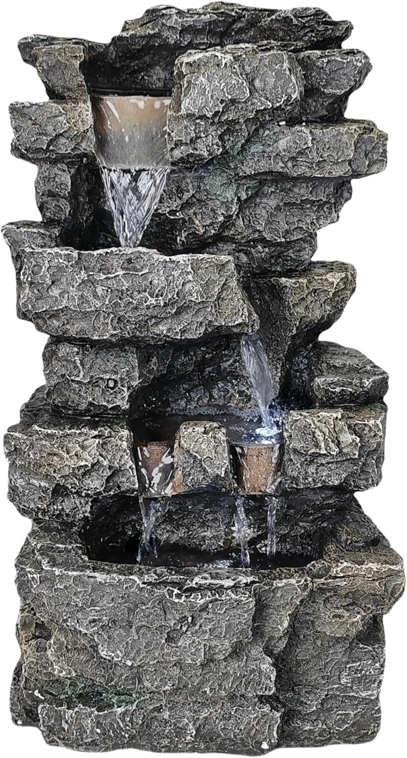 Tabletop Rock Waterfall Fountain with Led Lights - Indoor Decorative Desk Water Fountain, Multi-Tier Design, Quiet and Soothing, 6.29" l x 4.33" w x 11.02" h