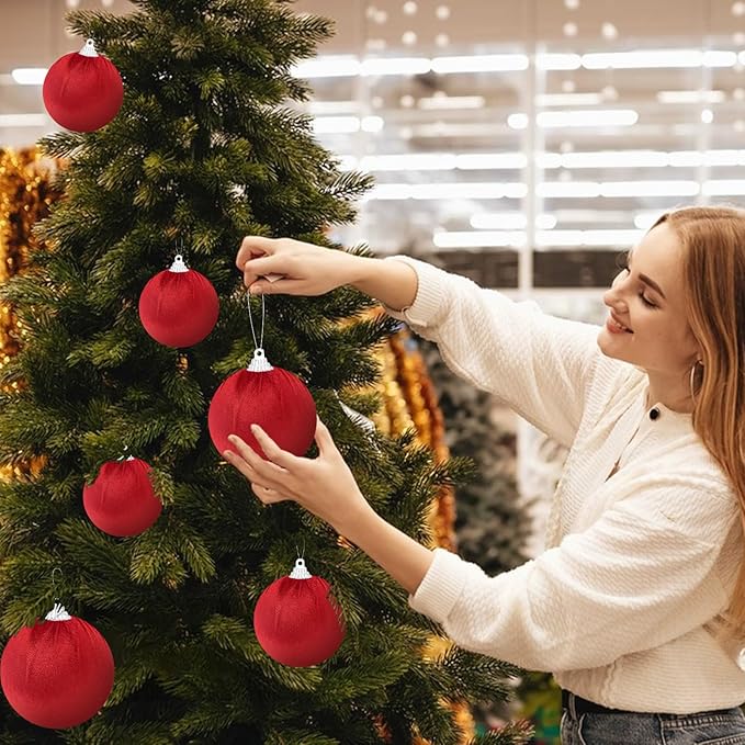Gresorth 10 Pcs Red Velvet Christmas Ball Ornaments Flocked Hanging Ball Lightweight Decoration Xmas Tree Wedding Indoor Display