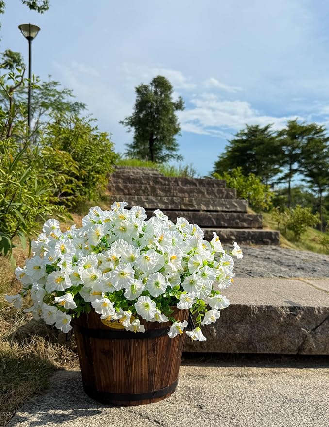 10 Bundles Artificial Flowers for Outdoor,UV Resistant Fake Petunia Flowers,Faux Plants for Outside Hanging Planters,Artificial Plants for Indoor Porch Garden Home Wedding Decor(White)