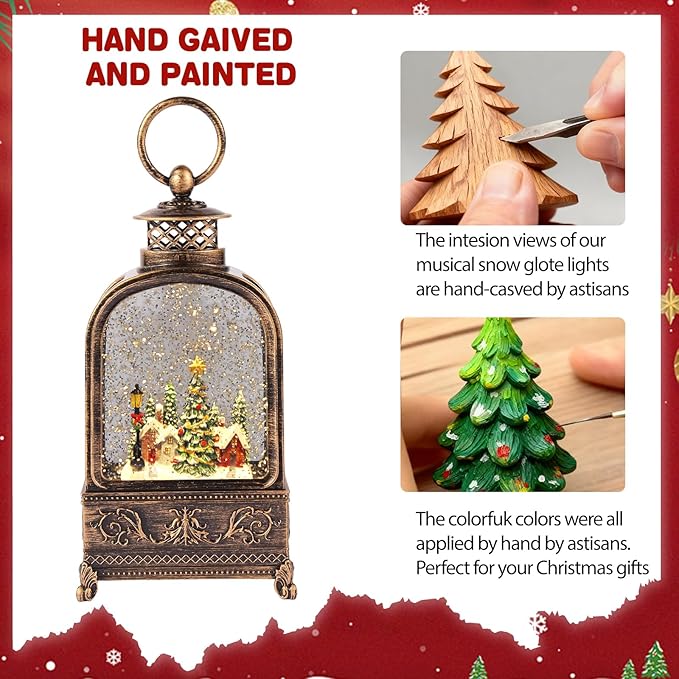 Village Snow Globe Christmas, Musical Snow Globe Lantern Lights with 6H Timer Battery & USB Powered, Retro Style Holiday Glitter Snow Globes for Xmas Home Decoration Indoor Holiday Party Gifts