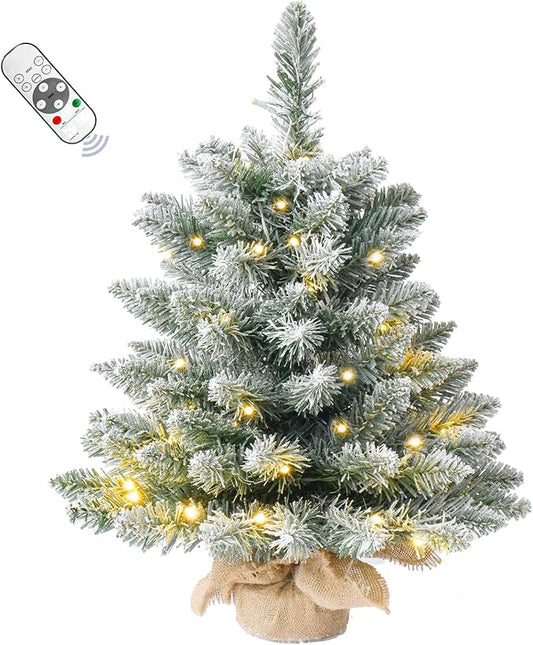 2FT Pre-lit Artificial Small Mini Christmas Tree with Warm White Multi-Color LED Lights, Remote Control and Timer, Perfect for Xmas Tabletop Decorations, Home, Kitchen, Dining Table top Snow