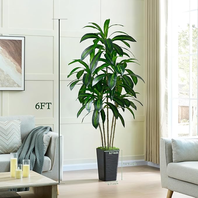 Artificial Dracaena Tree-6FT Tall Fake Plants with Black Tall Square Planter-Artificial Plants Indoor Floor Plant in Pot-Large Tropical Fake Yucca Potted Tree for Home Office Living Room Decor