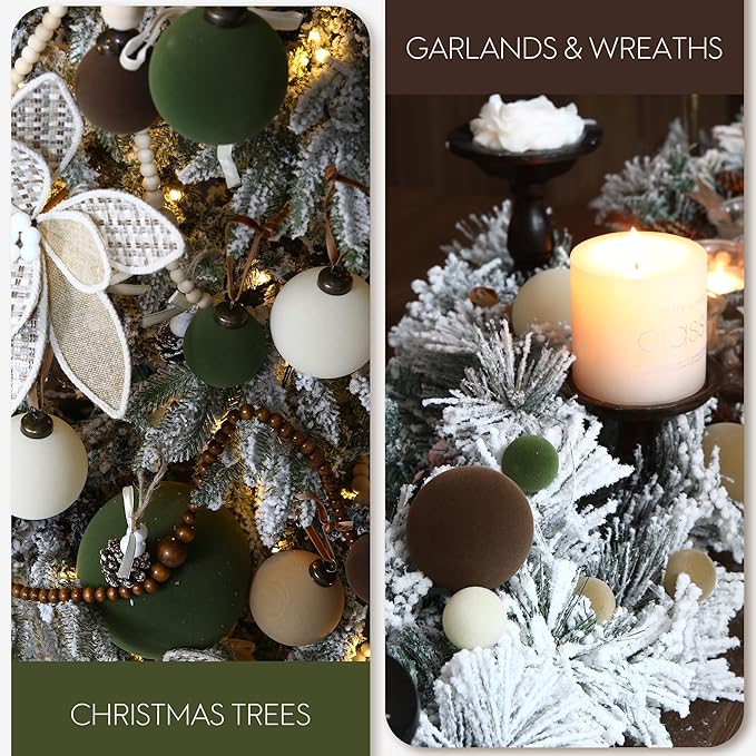 Sea Team 16-Pack Flocked Velvet Christmas Tree Ball Ornaments Set, Hanging Velour Baubles, Shatterproof Plastic Decorations for Xmas Tree, Wreath, Garland, 80mm/3.15 Inches, Olive Green