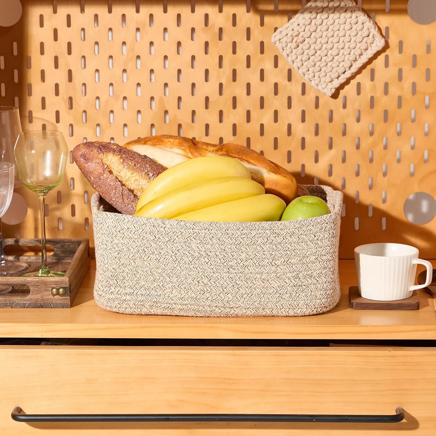 Small Storage Baskets for Organizing | Closet Organizer Bins | Shelf Toy Basket | Woven Rope Baskets | Cube Decorative Box | Shallow Basket | 13x8.5x5.1” | 3 Packs Mixed Brown