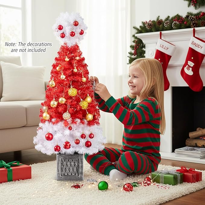 GOFLAME 2 Pack 4FT Pre-Lit Artificial Christmas Entrance Tree, Potted Candy Cane Xmas Tree with 300 Branch Tips, 100 Warm LED Lights, Urn Base, Indoor Outdoor Holiday Decoration Tree for Home Party