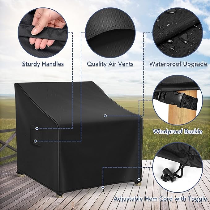Adirondack Chair Covers Waterproof, Lawn Outdoor Chair Covers 2 Pack, Patio Chair Covers for Outdoor Furniture Fits up to 32W x 37D x 36H inches, Black