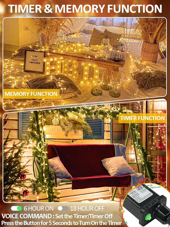 Voice Control Smart Christmas Lights Indoor Outdoor, Clear Wire 66Ft 200 LED String Lights Waterproof, 12 Modes Twinkle Fairy String Light for Xmas Tree Wedding Party Bedroom Decorations (Warm White)