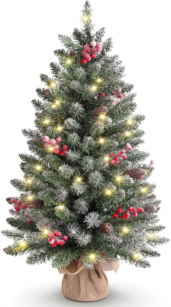3ft Tabletop Pre-lit Mini Christmas Tree with LED Lights and Pine Cones, Artificial Tree for Table/Desk Decoration