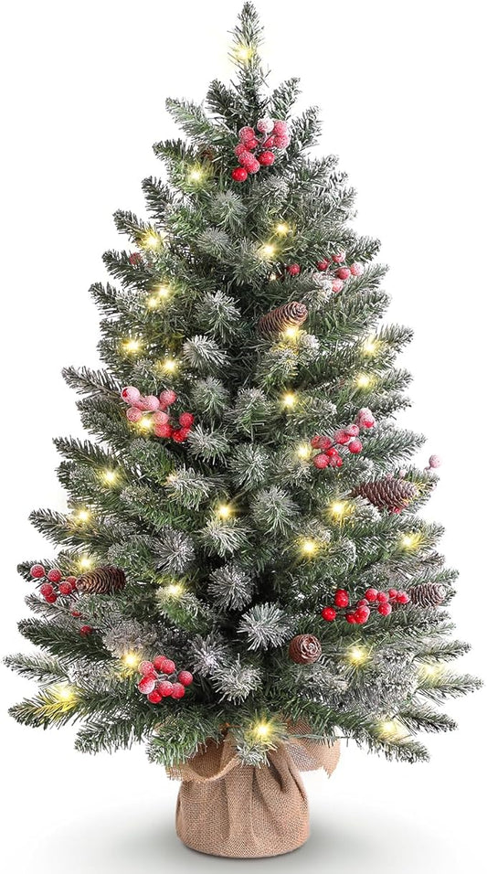 3ft Tabletop Pre-lit Mini Christmas Tree with LED Lights and Pine Cones, Artificial Tree for Table/Desk Decoration