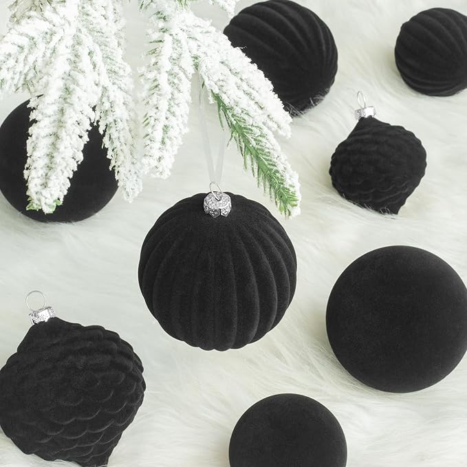 KI Store Black Velvet Christmas Balls 25pcs Flocked Christmas Tree Ornaments for Xmas Holiday Hanging Decor