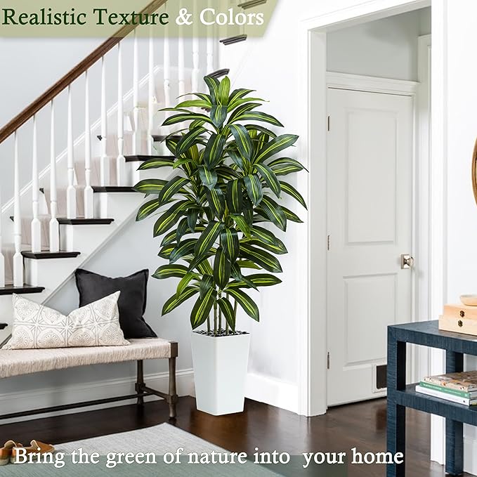 Artificial Dracaena Tree：5FT Faux Silk Tropical Yucca Floor Trees Realistic Fake Green Plant with Natural Wood Trunk & Lifelike Leaves for Home Office Decor Indoor & Outdoor (5FT,1-Pack,White)