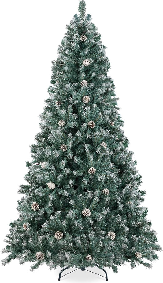 Best Choice Products 7.5ft Pre-Decorated Holiday Christmas Tree for Home, Office, Party w/1,348 Tips, Partially Flocked, Pinecones, Base – Blue Spruce