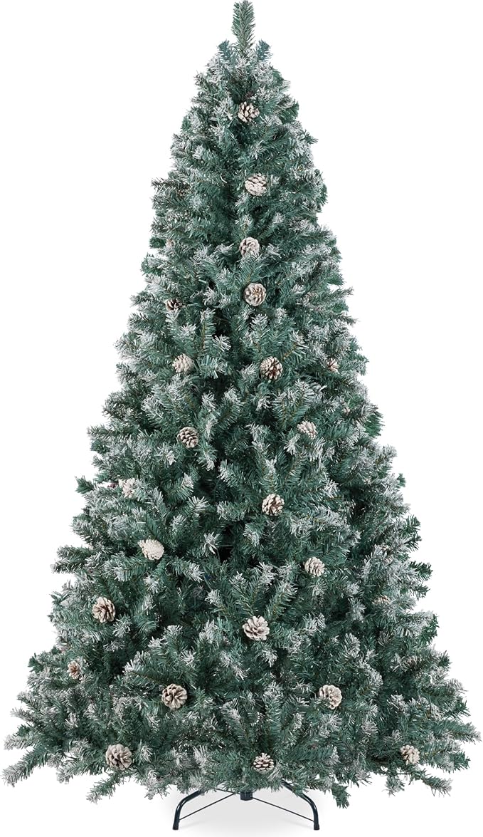 Best Choice Products 9ft Pre-Decorated Holiday Christmas Tree for Home, Office, Party w/2,028 Tips, Partially Flocked, Pinecones, Base – Blue Spruce