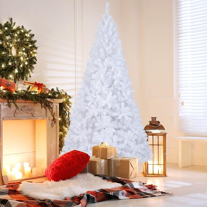 Happygrill 8 Feet White Christmas Tree Artificial Xmas Tree with Solid Metal Stand White Christmas Pine Tree for Indoor Outdoor Decoration
