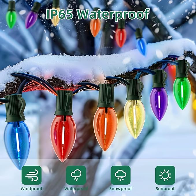 25Ft Christmas Lights Outdoor, C9 Multicolor Christmas Lights with 25 Colored LED Bulbs, Waterproof Connectable for Holiday, Xmas, Roofline, Wedding, Christmas Tree Decor- Green Wire