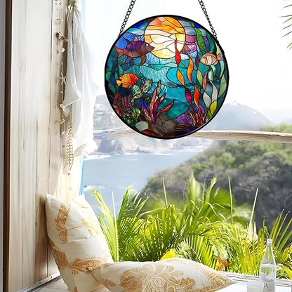Stained Glass Window Hanging - Blue Ocean World Small Fish Coral Sun Catcher for Door Garden Home Decor Sea Suncatcher Christmas Mother's Day Birthday Gifts for Women Men Mom Nana 15 in