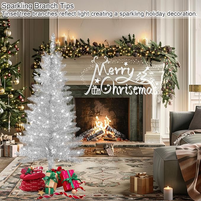 4ft Artificial Full Silver Christmas Tree with Separate Lights, Not Pre-lit Mini Silver Tinsel Pine Christmas Tree, 50 Lights, Small Xmas Tree for Home, Office, Party Decoration, Indoor