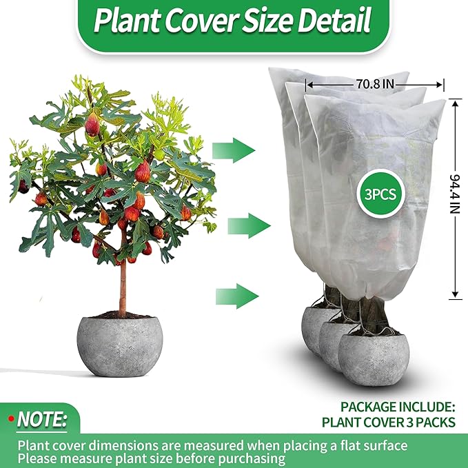 Avalution Plant Covers Freeze Protection, 3 Packs Frost Cloths for Outdoor Plants, 95" X71" Reusable Frost Blankets, 2.2oz Tree Cover Freeze Protection Drawstring Bags for Potted Shrub