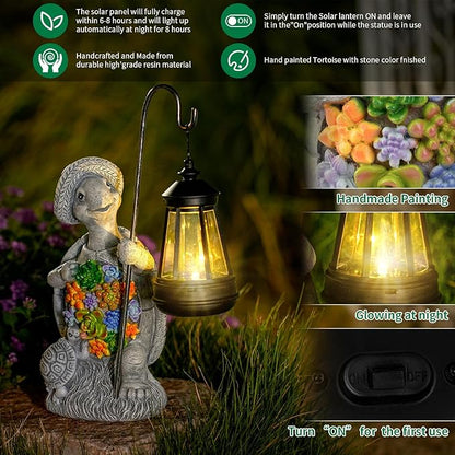 Solar Garden Outdoor Statue Turtle with Hanging LED Lantern —Outside Solar Turtle Decor for Garden,Home,Lawn,Yard, Balcony Ornament- Unique Housewarming Gifts