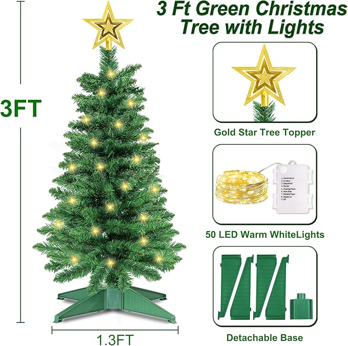 3 Ft Green Christmas Tree with Lights, Timer 8 Modes 50 Warm White Lights Battery Operated Small Artifical Full Christmas Tree for Tabletop Home Office Indoor Outdoor Xmas Holiday Party Decorations