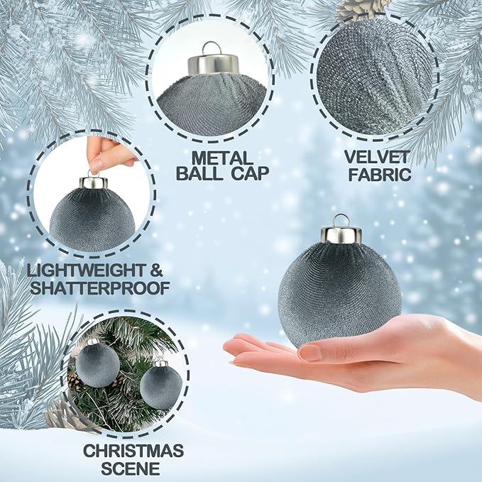 Neutral Velvet Christmas Tree Ornaments Set 3.15 Inch - Gray Xmas Hanging Baubles 15 PCS, Large Flocked Elegant Christmas Ball Ornaments, Shatterproof Decor for Holiday (Gray)