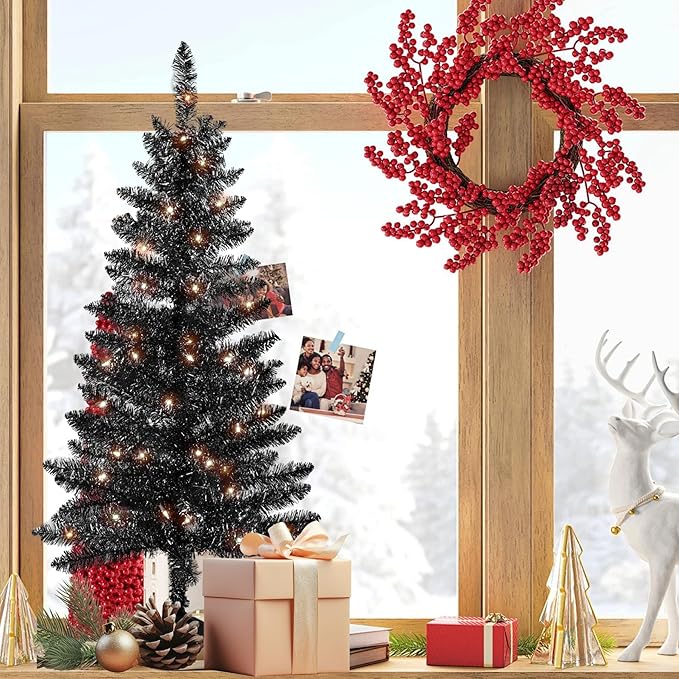 4ft Artificial Full Black Christmas Tree with Separate Lights, Not Pre-lit Mini Black Tinsel Pine Christmas Tree, 50 Lights, Small Xmas Tree for Home, Office, Party Decoration, Indoor