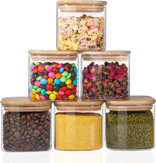 Glass Food Storage Jars 27oz Set of 6,Glass Storage Containers Clear Glass Food Canister with Bamboo Lid Airtight For Serving Tea, Coffee, Flour, Sugar, Candy, Cookie, Spice and More (Square)