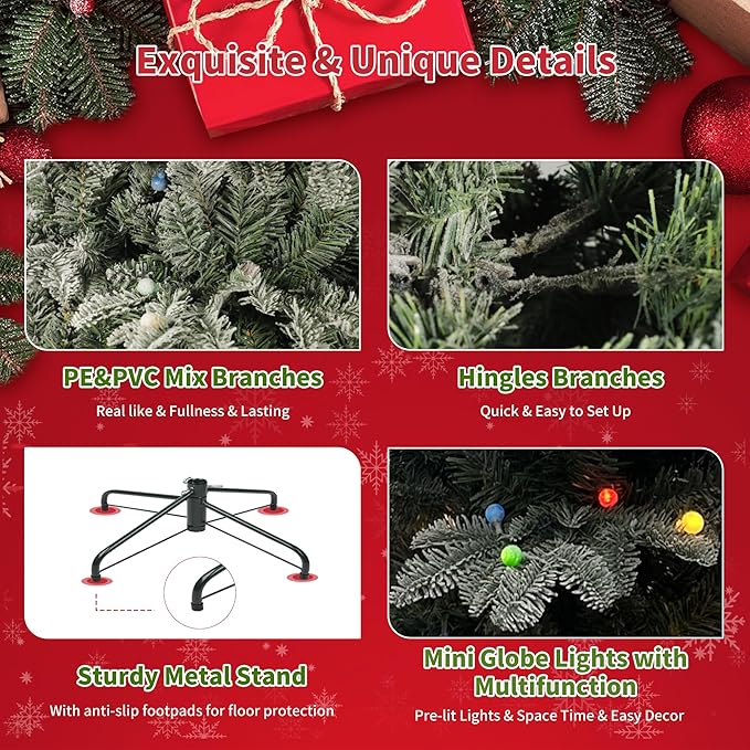 5ft Prelit Christmas Tree, Artificial Snow Flocked Christmas Tree with 140 Multicolor Lights, PE & PVC Mixed Layered Christmas Trees with Metal Stand, Xmas Tree for Holiday Decor