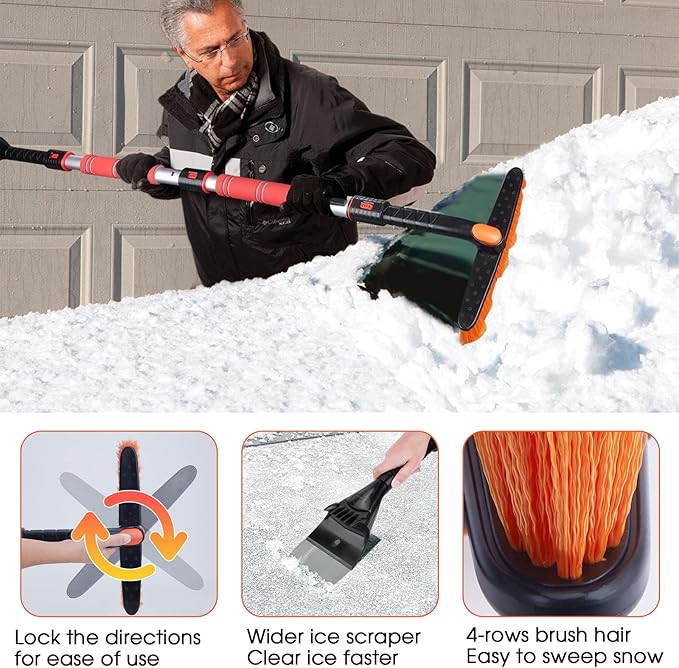 FOVAL 62.4" Snow Brush - Ice Scrapers for Car Windshield, 360°Pivoting Brush Head, Comfortable Foam Grip, Extendable Snow Removal Car Brush for Trucks SUVs, Essential Winter Tool