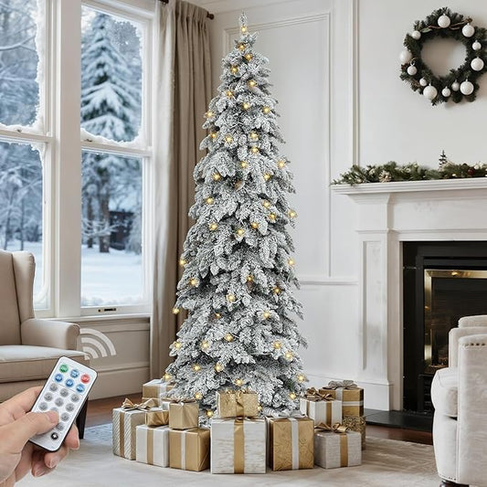 GOOBED 9ft Pre-Lit Flocked Drooping Pencil Spruce Christmas Tree with Pine Cones, Layered Spruce Design with Remote, 1642 Branch Tips and 480 Lights for Home or Office, White Flocking