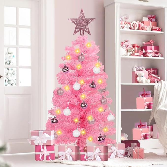 3 Feet Pink Premium Christmas Tree 12 Modes Dual Color Change Timer DIY 50 Warm White & Multicolor Lights Star 15 Ball Ornaments Battery Operated Small Artificial Full Xmas Tree Table Home Indoor