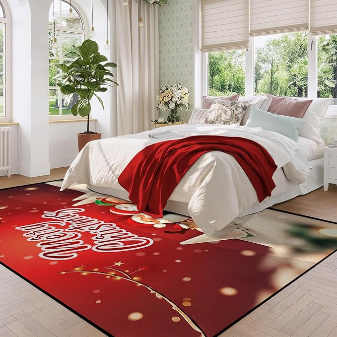 Christmas Area Rug 6' x 9' Red Snowflake Washable Rugs for Bedroom Non Slip Kitchen Rug Christmas Tree Indoor Carpet for Kids Room Dining Room Entryway