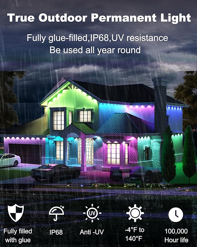 RGBCW Permanent Outdoor Lights,108 Scene Modes Smart Outdoor Christmas Lights with Voice Remote APP Control, IP68 LED Eaves Lighting for Halloween Party, Daily Garden Decor (120LED 200FT)