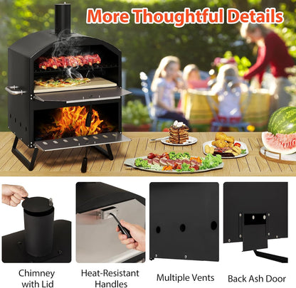 Happygrill Pizza Oven Outdoor, 16” 2-Layer Wood Fired Pizza Maker with Stone, Peel & Grill Racks, Portable Burning Stove with Folding Legs and Cover for Camping Patio Backyard BBQ