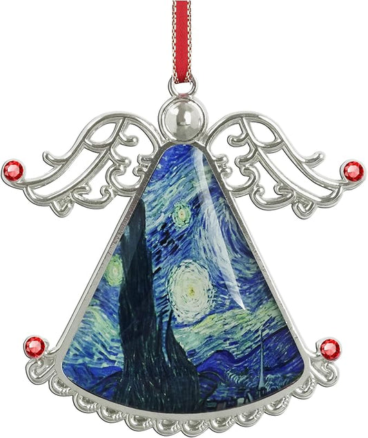 XUTAI Angel Christmas Tree Ornament Van Gogh Starry Night Style Glass Christmas Hanging Angel Glass Pendant for Holiday Decoration