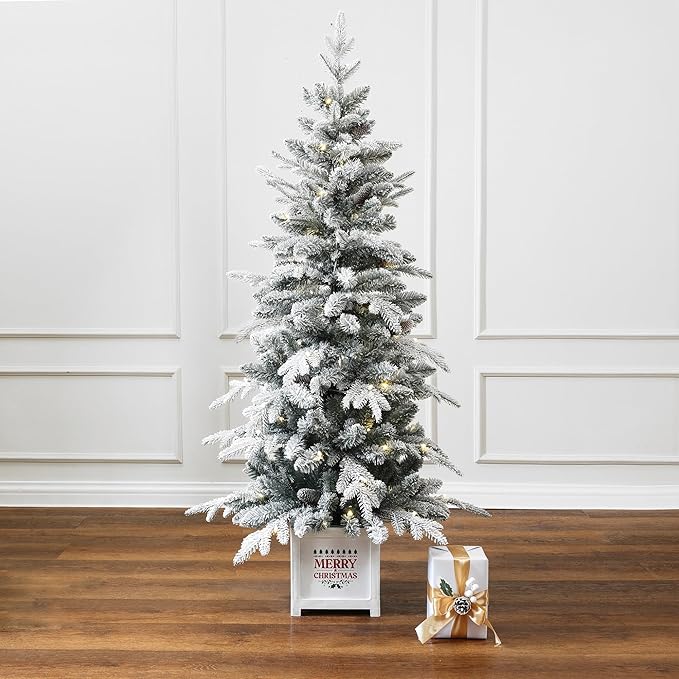 LuxenHome 5FT Potted Flocked Christmas Tree, Small Christmas Tree Prelit with 100 Warm LED Lights and Pine Cones, Lighted Pencil Artificial Christmas Trees with Square Planter Pot for Indoor, Outdoor