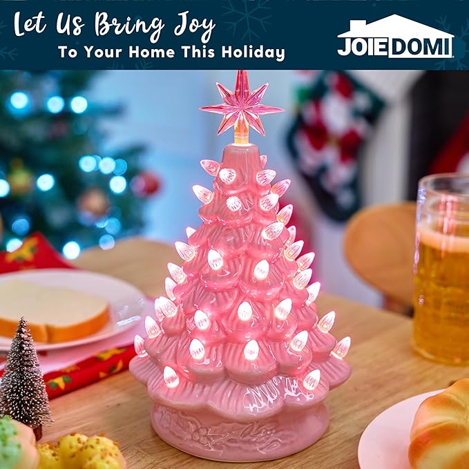 Joiedomi 12" Pink Ceramic Christmas Tree, Prelit Tabletop Christmas Tree Decoration with Extra Pink Top Star & Bulbs with LED Lights for Best Desk Decoration Xmas Tabletop Decor Indoor Home