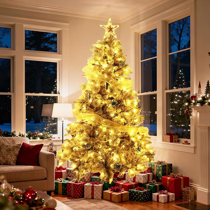 6ft White Artificial Christmas Tree with Snow Flocked Branches, Realistic Full Shape Xmas Tree with Sturdy Metal Stand for Indoor Holiday Decoration