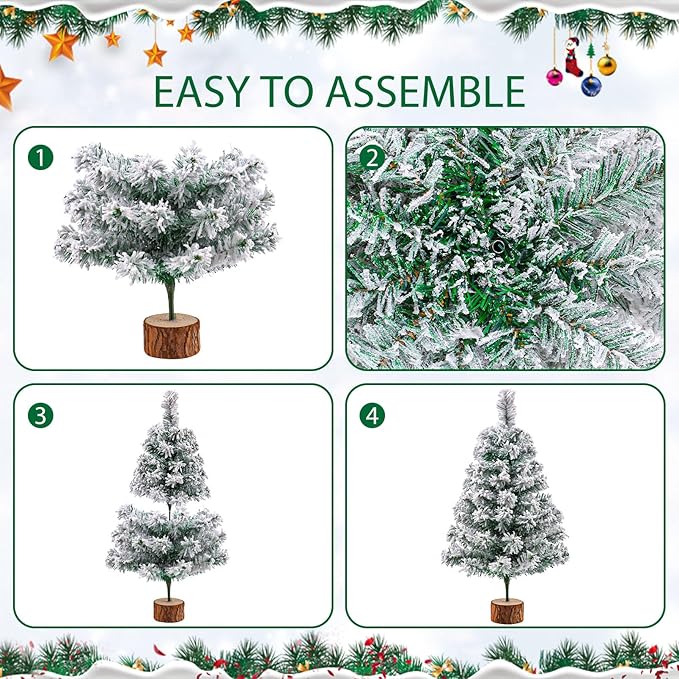 2Ft Artificial Christmas Tree Green Tabletop Christmas Tree with Snow Flocked Mini Xmas Pine Tree with Wooden Stand for Indoor Outdoor Holiday Home Decoration