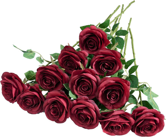 12pcs Roses Artificial Flowers Fake Roses Burgundy Silk Roses Wine Red Silk Flowers Rose with Long Stems for Wedding Home Party Centerpieces Decorations